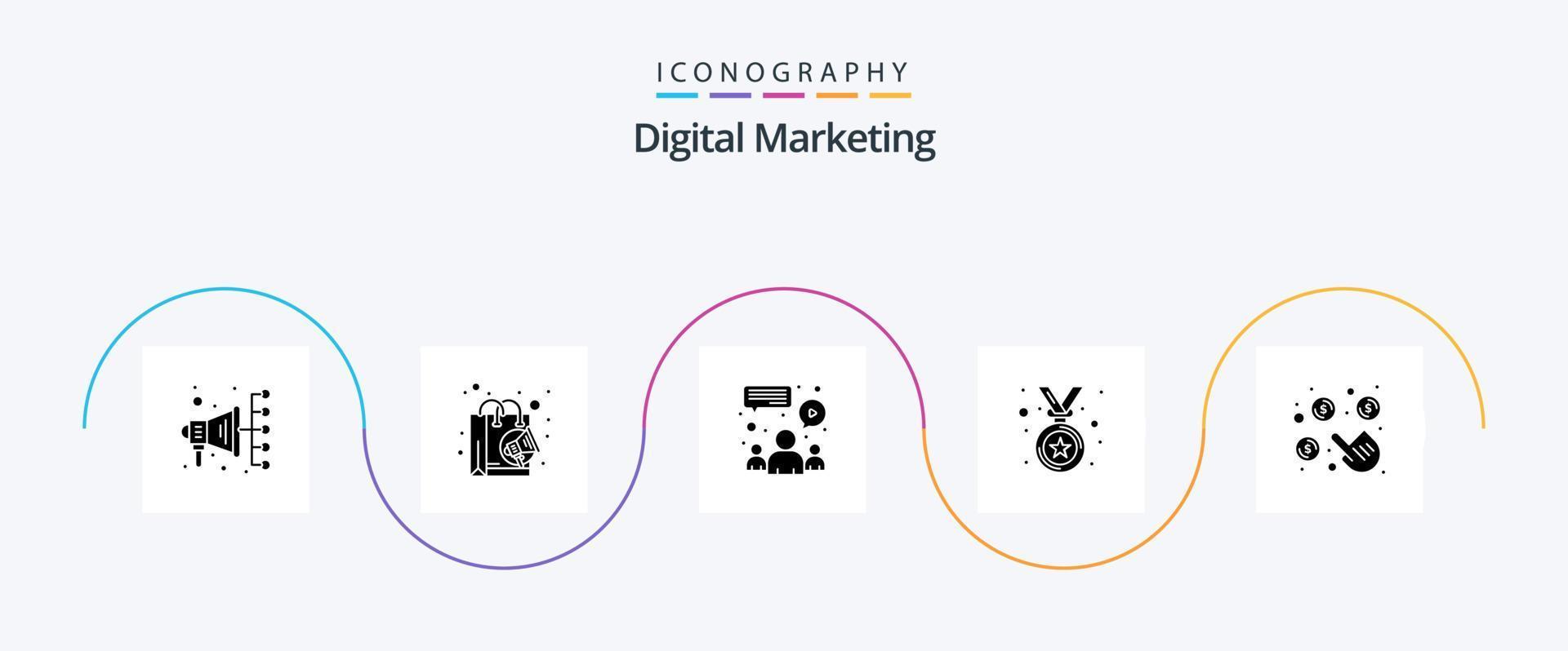 pacote de ícones de glyph 5 de marketing digital, incluindo dinheiro. pagar. grupo. clique. medalha vetor