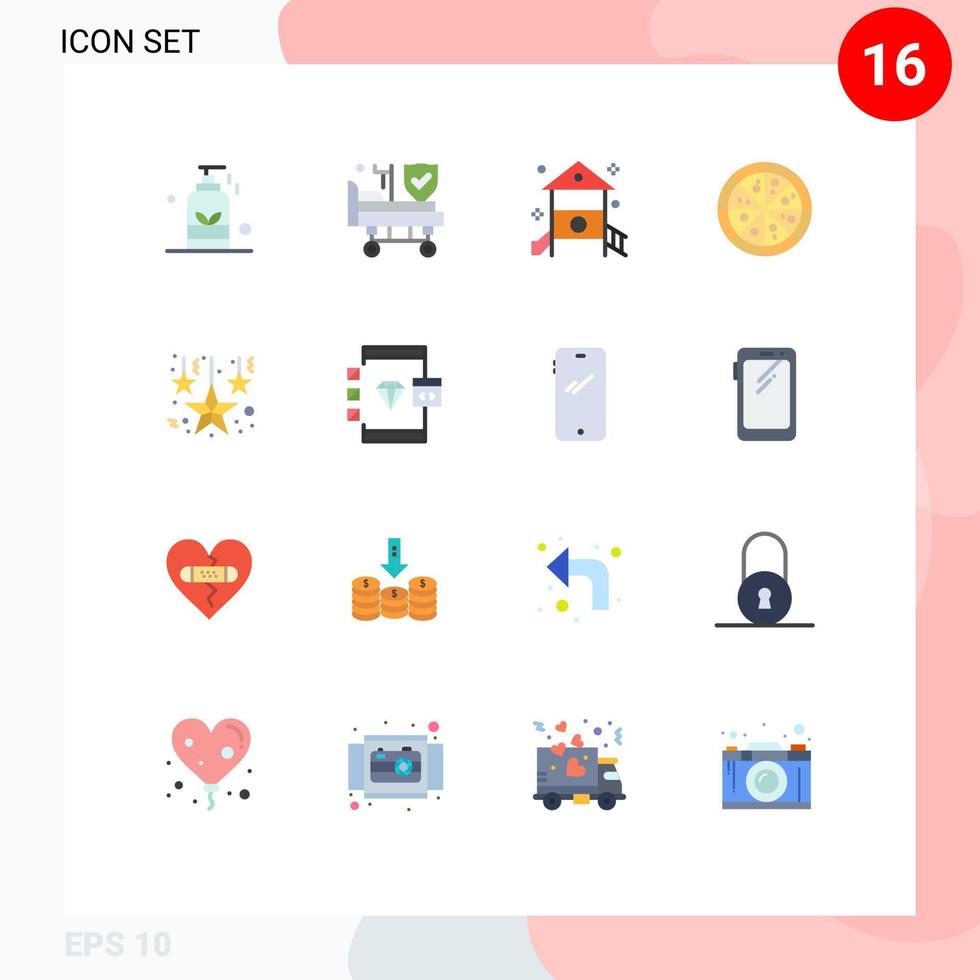 Pacote de cores planas de 16 interfaces de usuário de sinais e símbolos modernos de decoração, seguro de pizza, pacote editável de berçário de fast food de elementos de design de vetores criativos