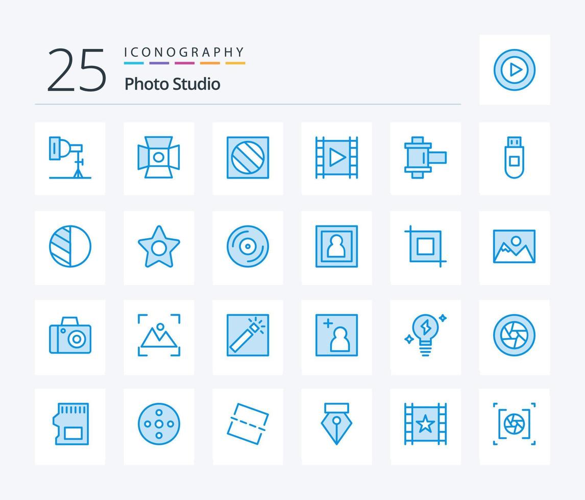 estúdio fotográfico pacote de ícones de 25 cores azuis, incluindo armazenamento. carretel. meios de comunicação. foto. corrente vetor
