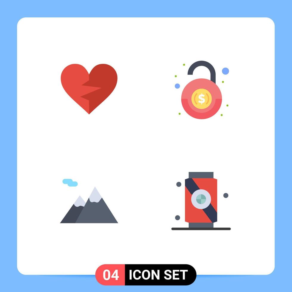 grupo de 4 ícones planos modernos definidos para elementos de design de vetor editável de montanhas financeiras favoritas de acampamento de coração