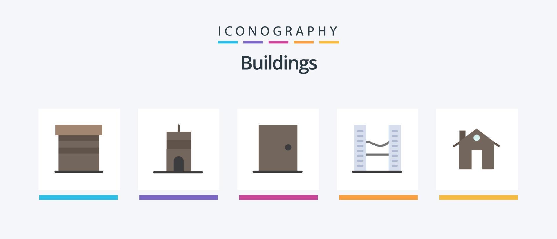 Pacote de ícones de 5 edifícios planos, incluindo endereço. espaço de escritório. edifícios. moderno. porta de casa. design de ícones criativos vetor