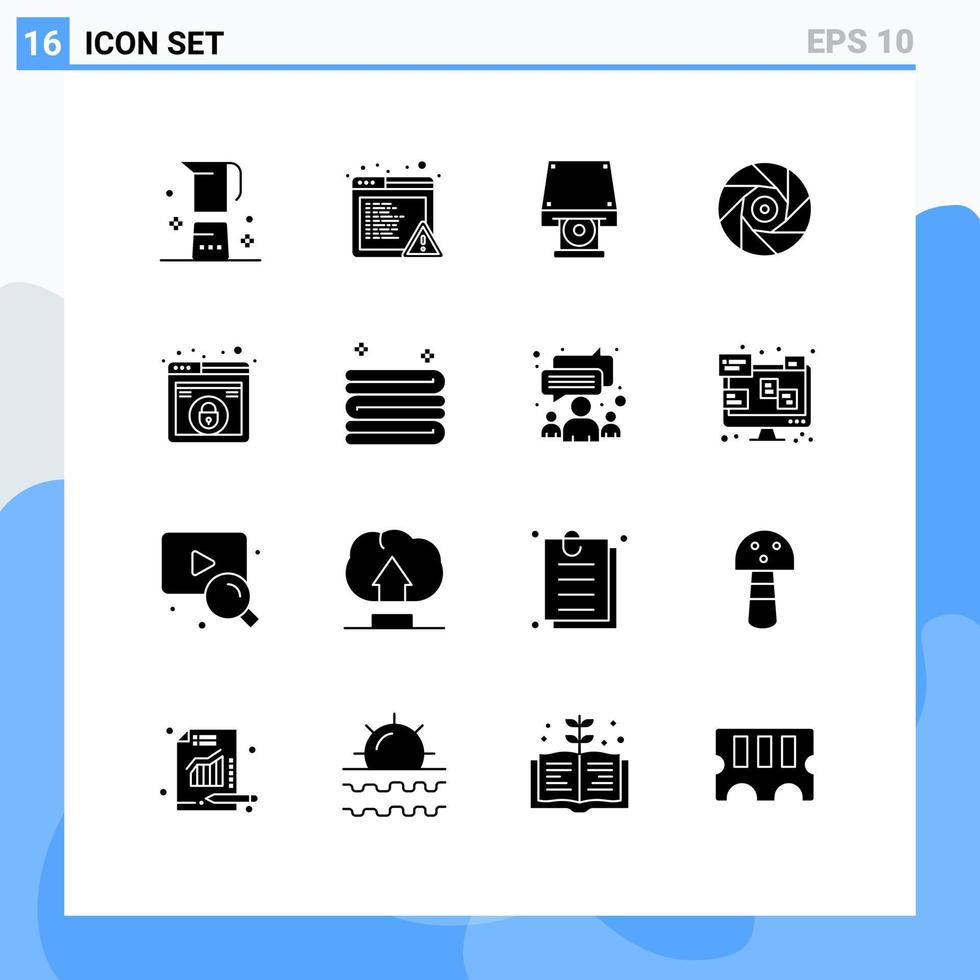 conjunto de 16 pacotes de glifos sólidos comerciais para elementos de design de vetores editáveis de filme de dvd de obturador de bloqueio
