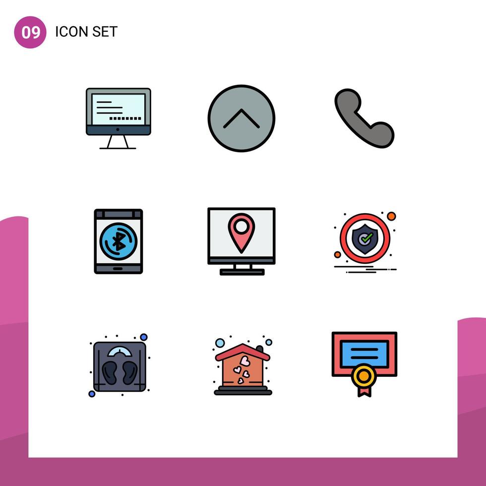 pacote de 9 sinais e símbolos modernos de cores planas de linha preenchida para mídia impressa na web, como entre em contato conosco, endereço, chamada, smartphone, conecte elementos de design vetorial editáveis vetor