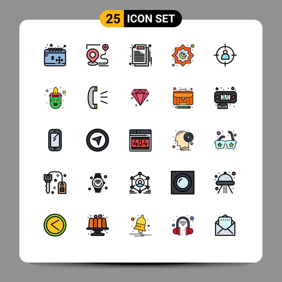 25 interface de usuário linha cheia pacote de cores planas de sinais e símbolos modernos de decoração de posição muçulmana humana trabalham elementos de design de vetores editáveis