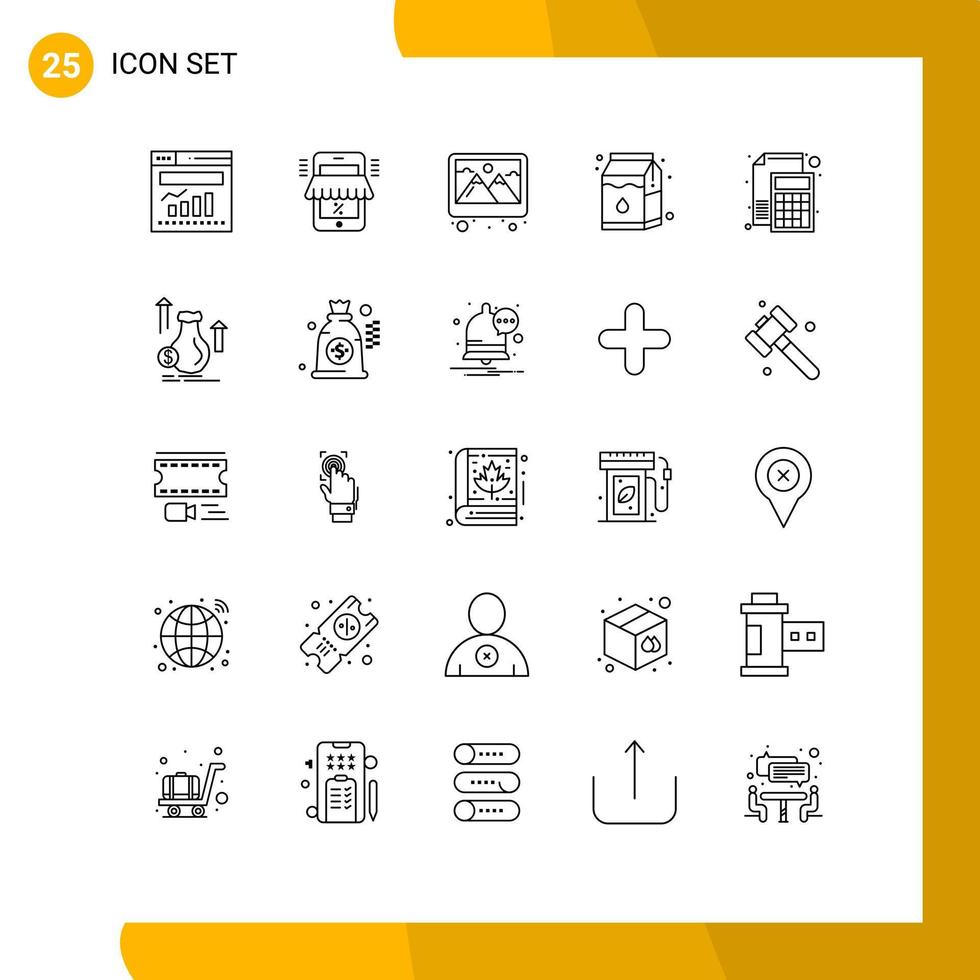 conjunto moderno de 25 linhas e símbolos, como calculadora pak, decoração de pacote de compras, elementos de design de vetores editáveis