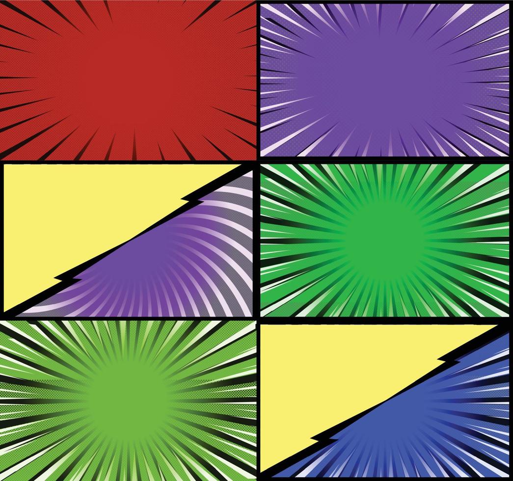 fundo de quadros coloridos de quadrinhos com raios de meio-tom radial e efeitos pontilhados estilo pop art vetor