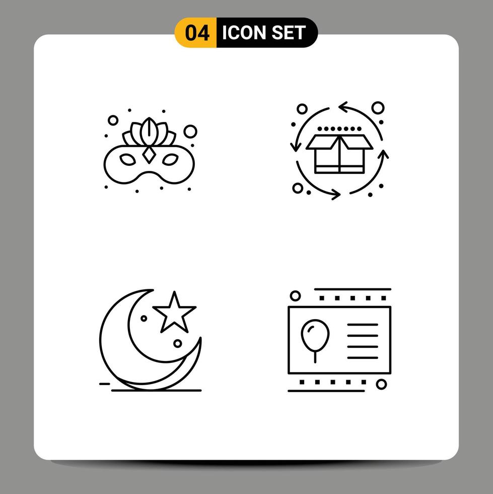 conjunto de 4 sinais de símbolos de ícones de interface do usuário modernos para celebração de produto de máscara facial de lua de carnaval elementos de design de vetor editável