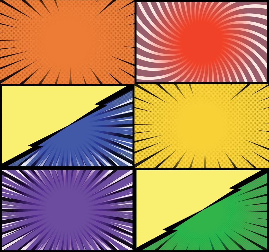 fundo de quadros coloridos de quadrinhos com raios de meio-tom radial e efeitos pontilhados estilo pop art vetor