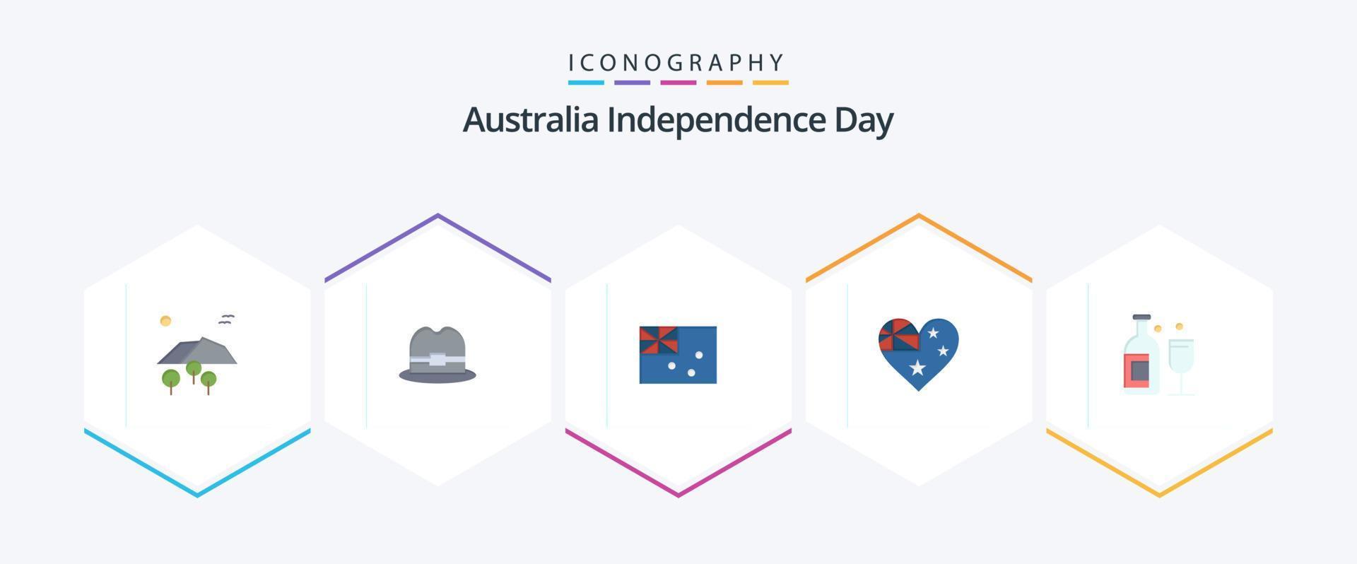 Dia da Independência da Austrália 25 pacote de ícones planos, incluindo bebida. álcool. Austrália. nação. país vetor