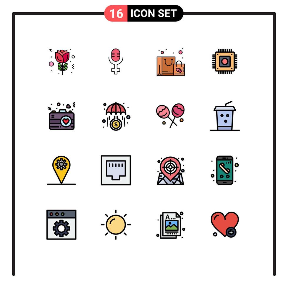 pacote de interface do usuário com 16 linhas básicas de fundos com cores planas, amor, compra, computador do coração, elementos de design de vetores criativos editáveis