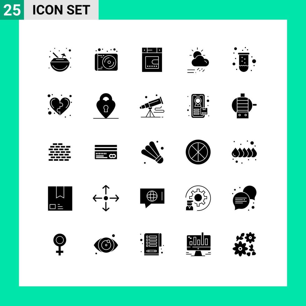 pacote de glifos sólidos de 25 símbolos universais de elementos de design de vetores editáveis do secador de clima de teste dia da estação