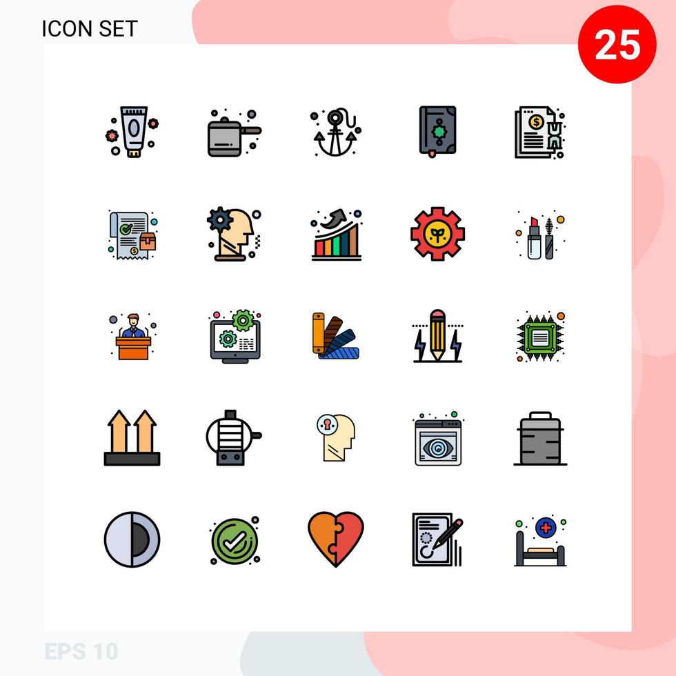pacote de 25 sinais e símbolos modernos de cores planas de linha preenchida para mídia de impressão na web, como segurar o marcador de praia ramadhan livro editável elementos de design vetorial vetor