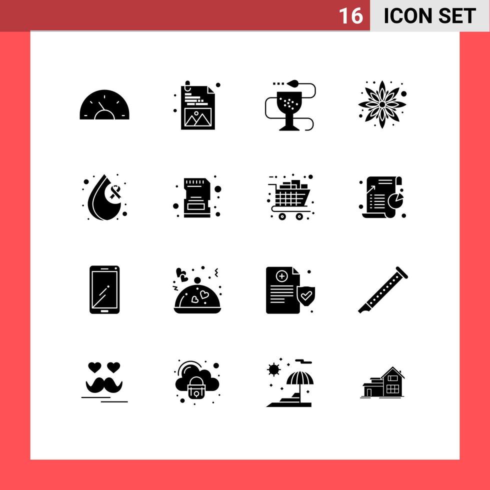16 glifos sólidos universais definidos para aplicações web e móveis câncer doença floral girassol farmácia elementos de design de vetores editáveis