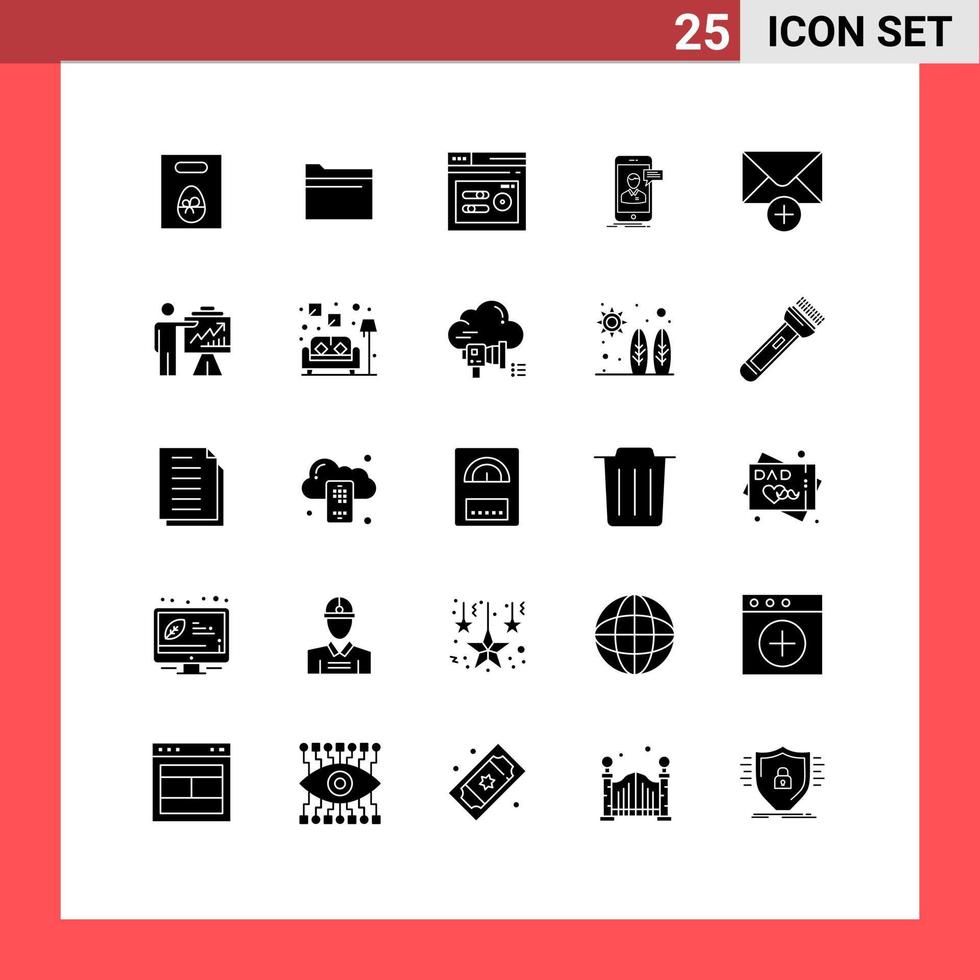 25 conceito de glifo sólido para sites móveis e aplicativos correio palavra-chave móvel reunião bate-papo elementos de design de vetores editáveis