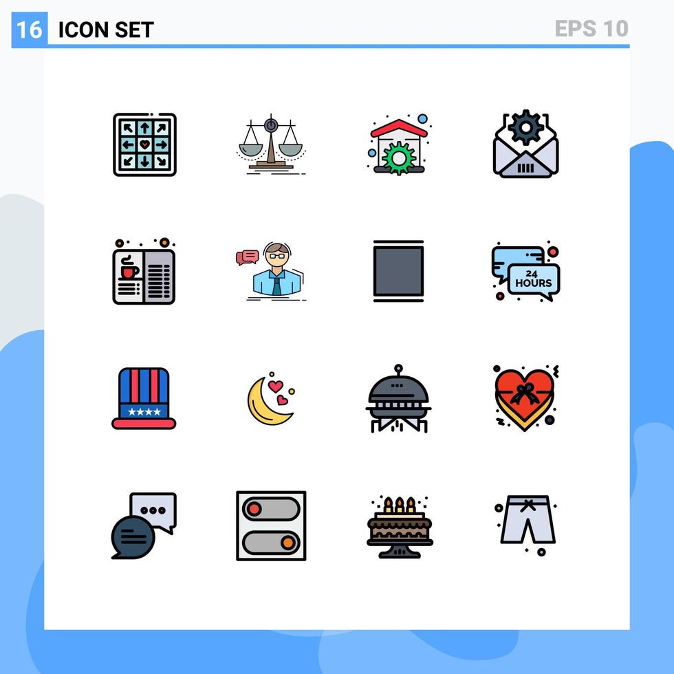 pacote de interface do usuário de 16 linhas básicas cheias de cores planas de chave de configuração de casa de engrenagem de café editável elementos de design de vetor criativo