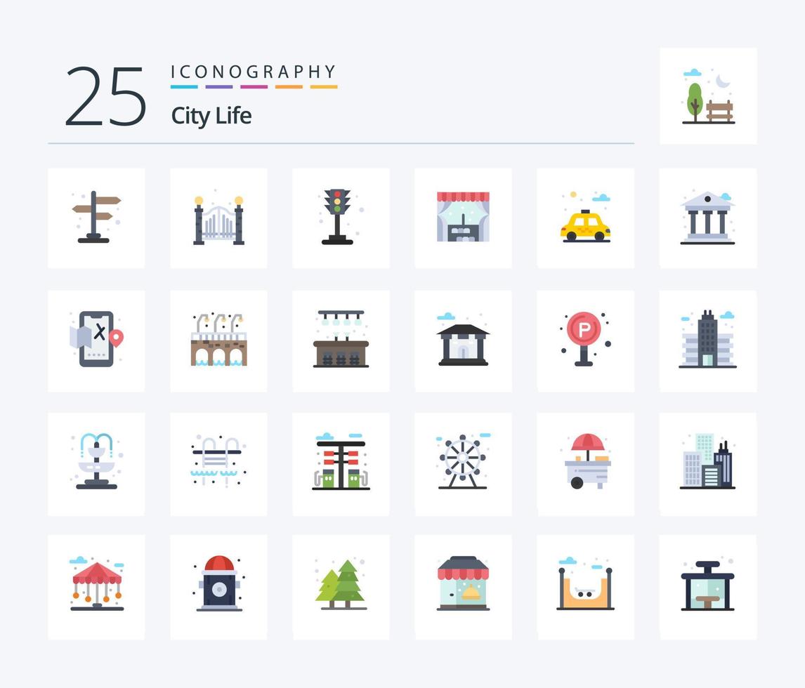 vida da cidade 25 pacote de ícones de cores planas, incluindo vida. carro. tráfego. parque. janela vetor