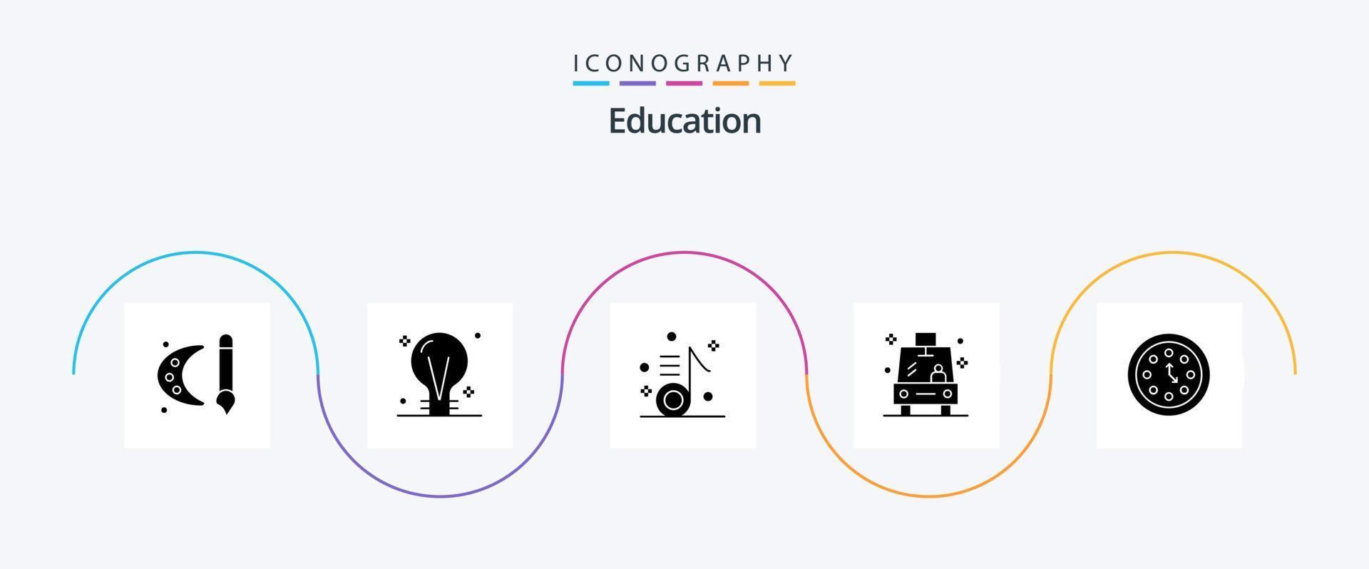 Pacote de ícones de glifo 5 de educação, incluindo veículo. transporte. elétrico. música. musical vetor