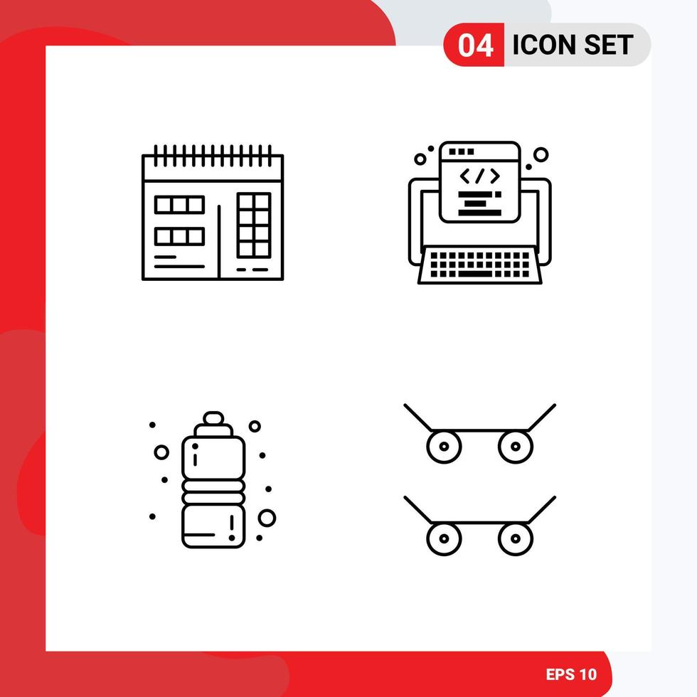 pacote de 4 sinais e símbolos modernos de cores planas de linha preenchida para mídia de impressão na web, como elementos de design de vetores editáveis de skate da web de código de esportes da web