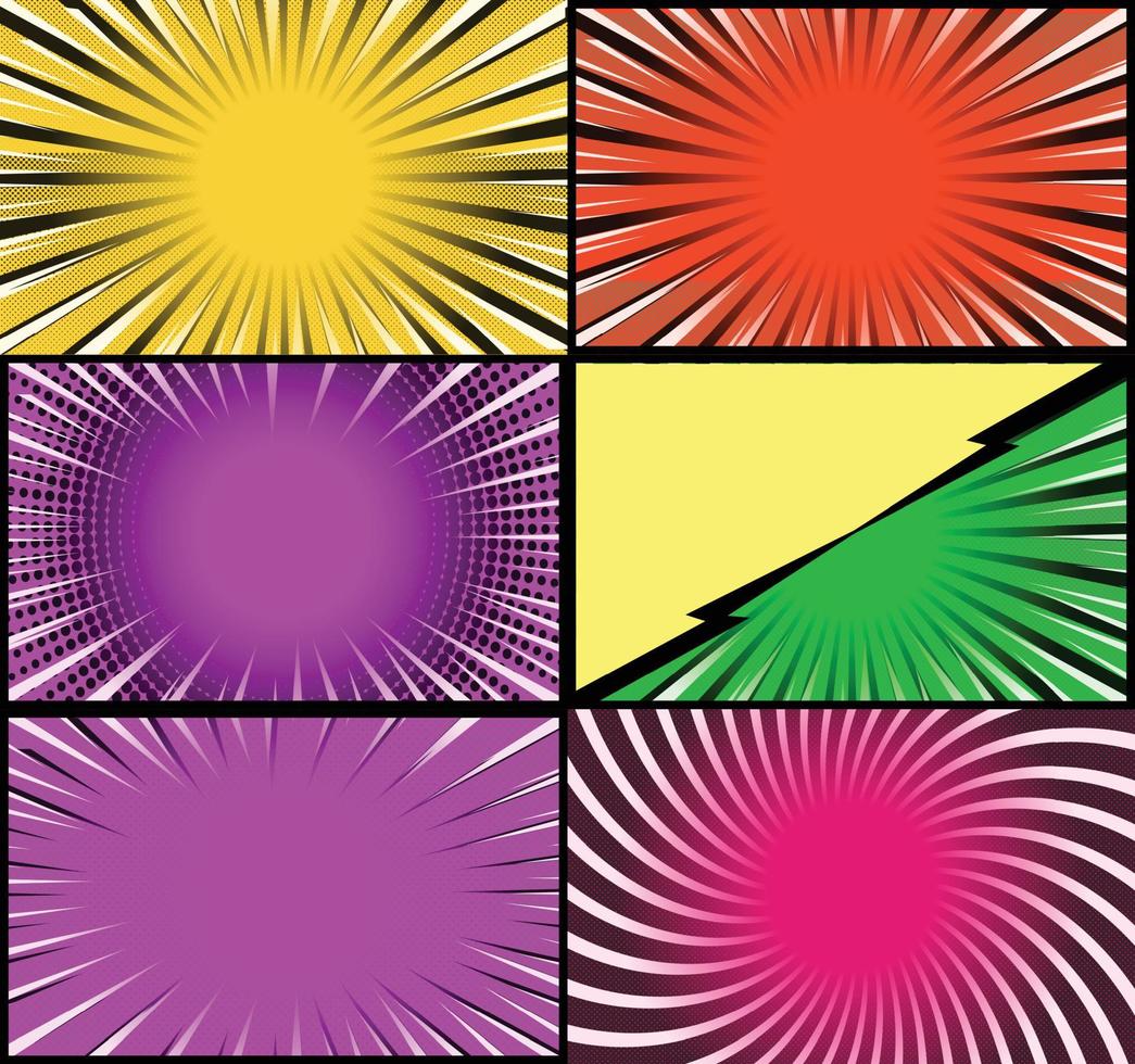 fundo de quadros coloridos de quadrinhos com raios de meio-tom radial e efeitos pontilhados estilo pop art vetor