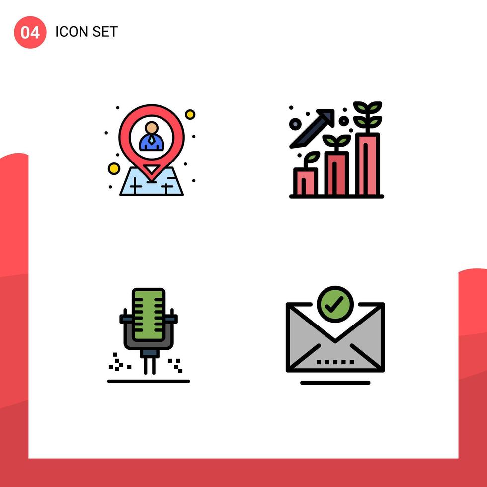 pacote de 4 sinais e símbolos modernos de cores planas de linha preenchida para mídia impressa na web, como localização de microfone de funcionário, carreira profissional, elementos de design de vetores editáveis