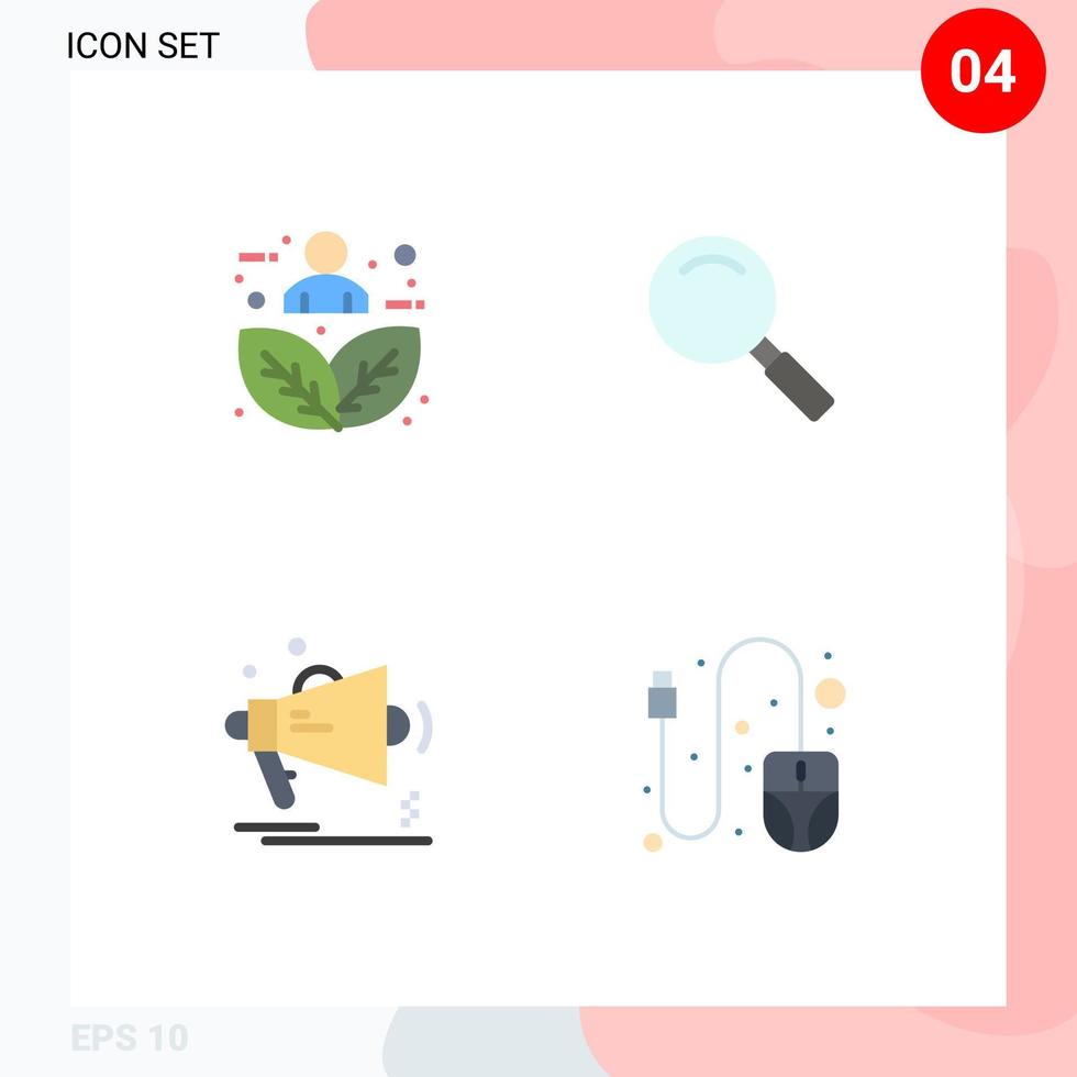 grupo de 4 ícones planos modernos definidos para publicidade de folha de planta natureza olhar megafone elementos de design de vetores editáveis