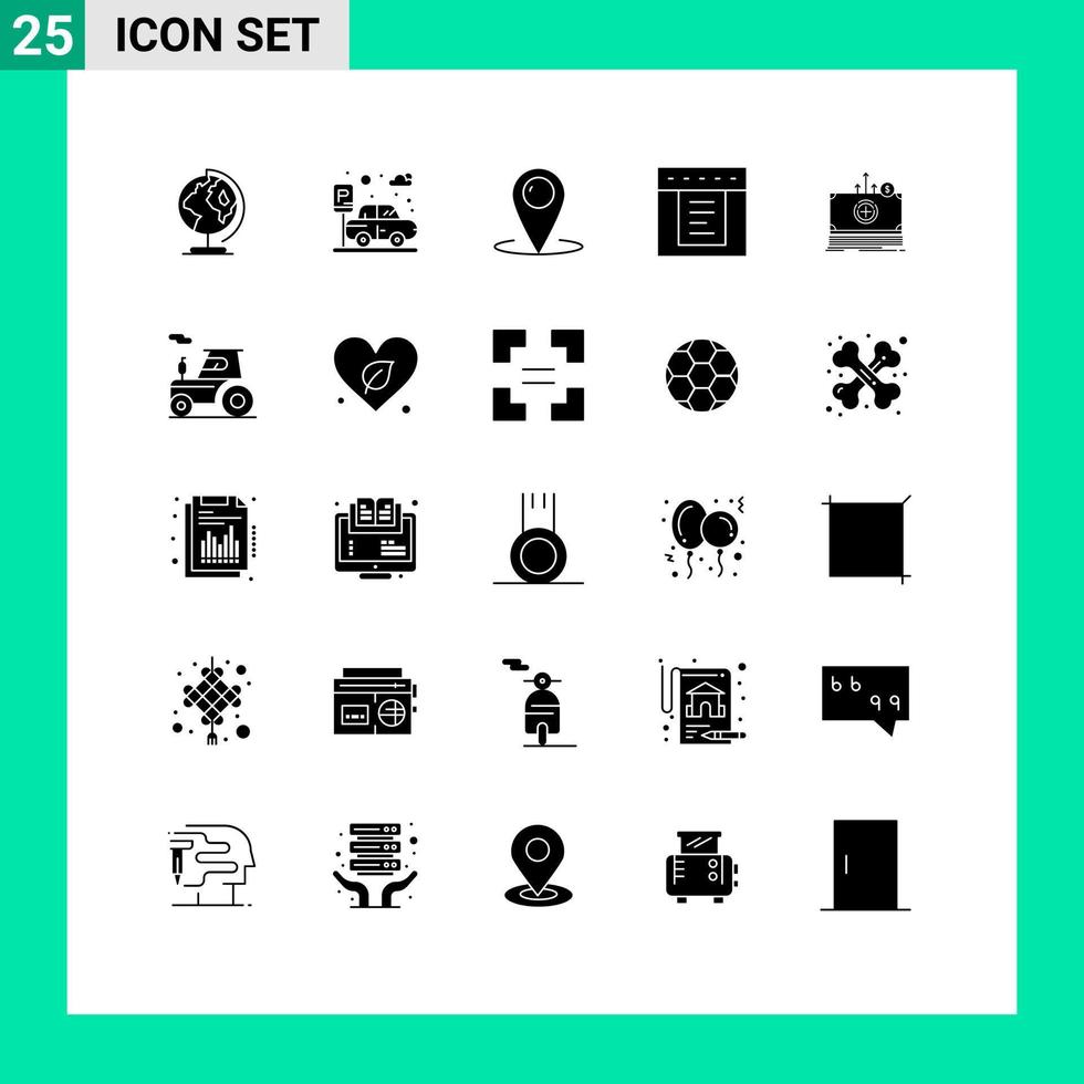 pacote de 25 glifos sólidos criativos de elementos de design de vetores editáveis de contato de dinheiro médico na web