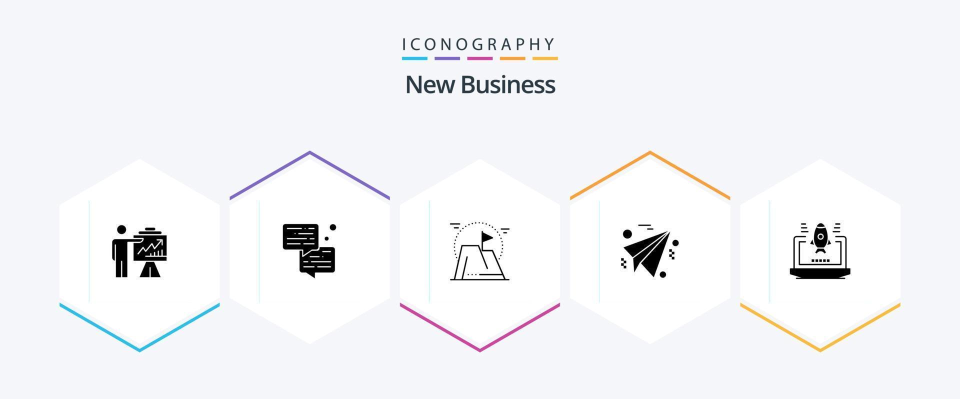 novo pacote de ícones de 25 glifos de negócios, incluindo . missão . bate-papo . meta . realização vetor