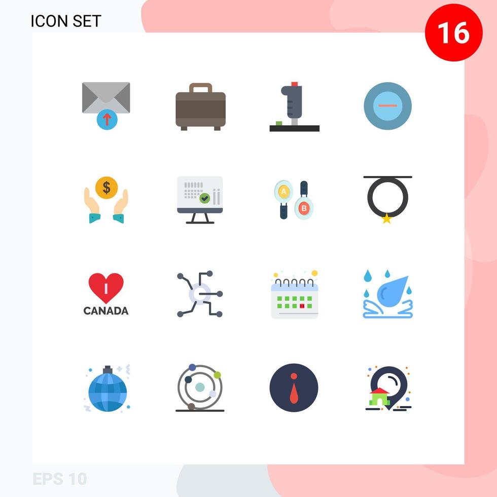 Pacote de cores planas de 16 interfaces de usuário de sinais e símbolos modernos de seguro de finanças de jogo de dinheiro médico pacote menos editável de elementos de design de vetores criativos
