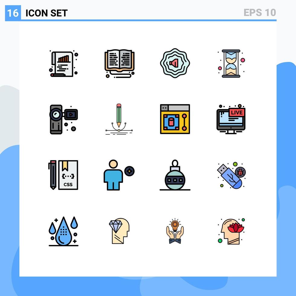 pacote de ícones vetoriais de estoque de 16 sinais e símbolos de linha para vídeo de ilustração, câmera de estudo on-line, relógio de elementos de design de vetores criativos editáveis