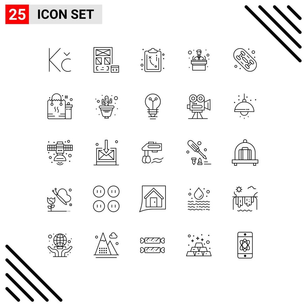 conjunto de 25 sinais de símbolos de ícones de interface do usuário modernos para apresentação de skate de caminho de placa de compras elementos de design de vetores editáveis