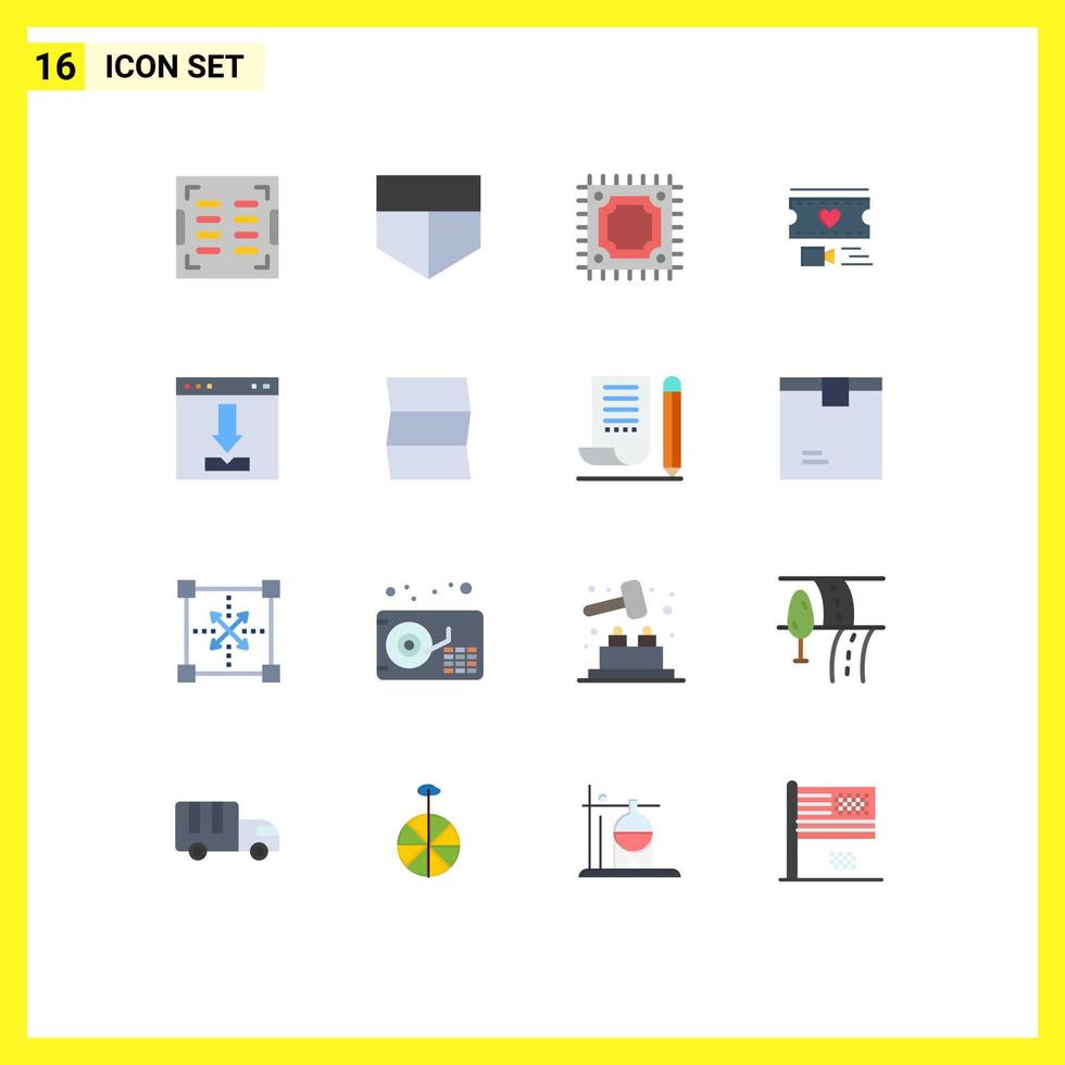 conjunto de pictogramas de 16 cores planas simples de carregamento do processador de download, navegador, pacote editável de elementos de design de vetores criativos