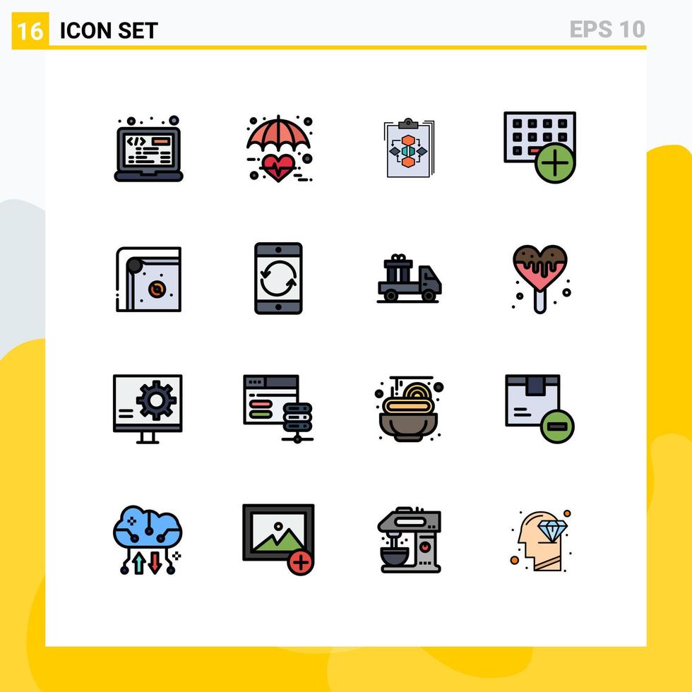 pacote de interface do usuário de 16 linhas básicas cheias de cores planas de fluxo de trabalho de computadores, fluxo de trabalho do coração, elementos de design de vetores criativos editáveis