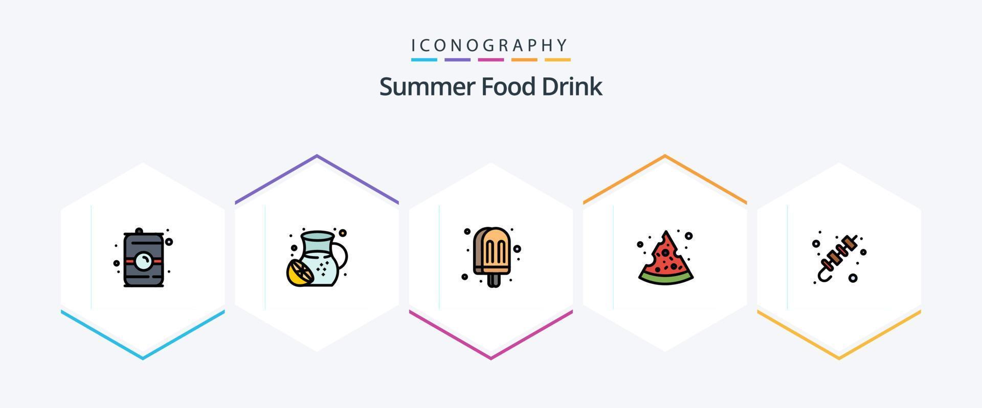 pacote de ícones de 25 linhas preenchidas de bebida de comida de verão, incluindo brochette. churrasco. beber. verão. pizza vetor