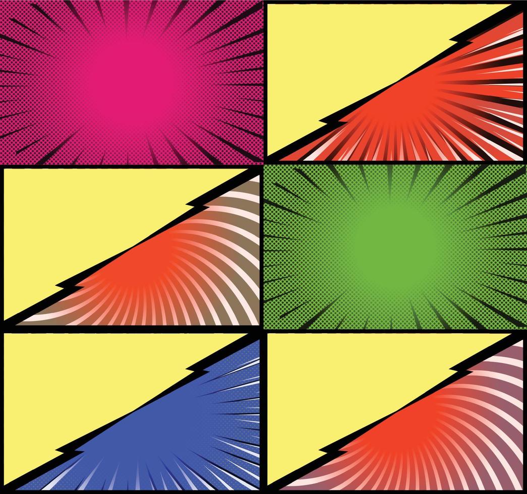 fundo de quadros coloridos de quadrinhos com raios de meio-tom radial e efeitos pontilhados estilo pop art vetor