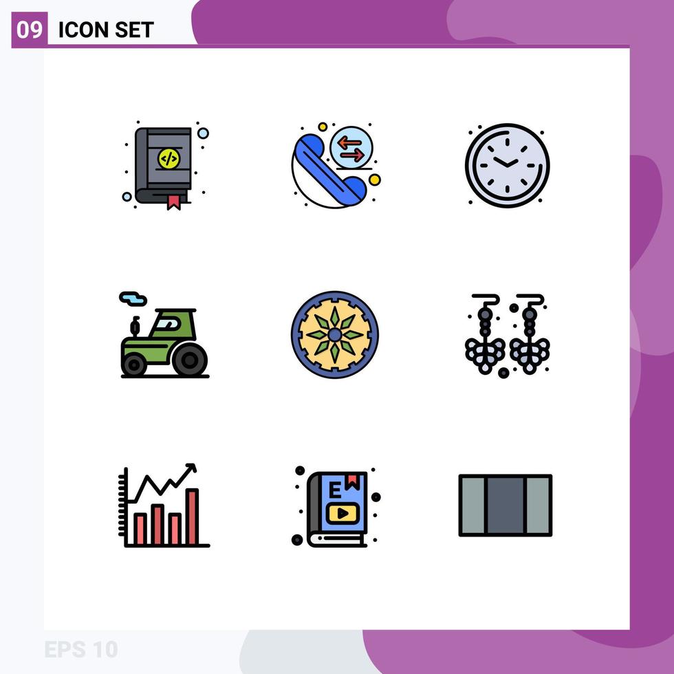 grupo de 9 sinais e símbolos de cores planas de linha preenchida para transporte de círculo redial trator assistir elementos de design de vetores editáveis