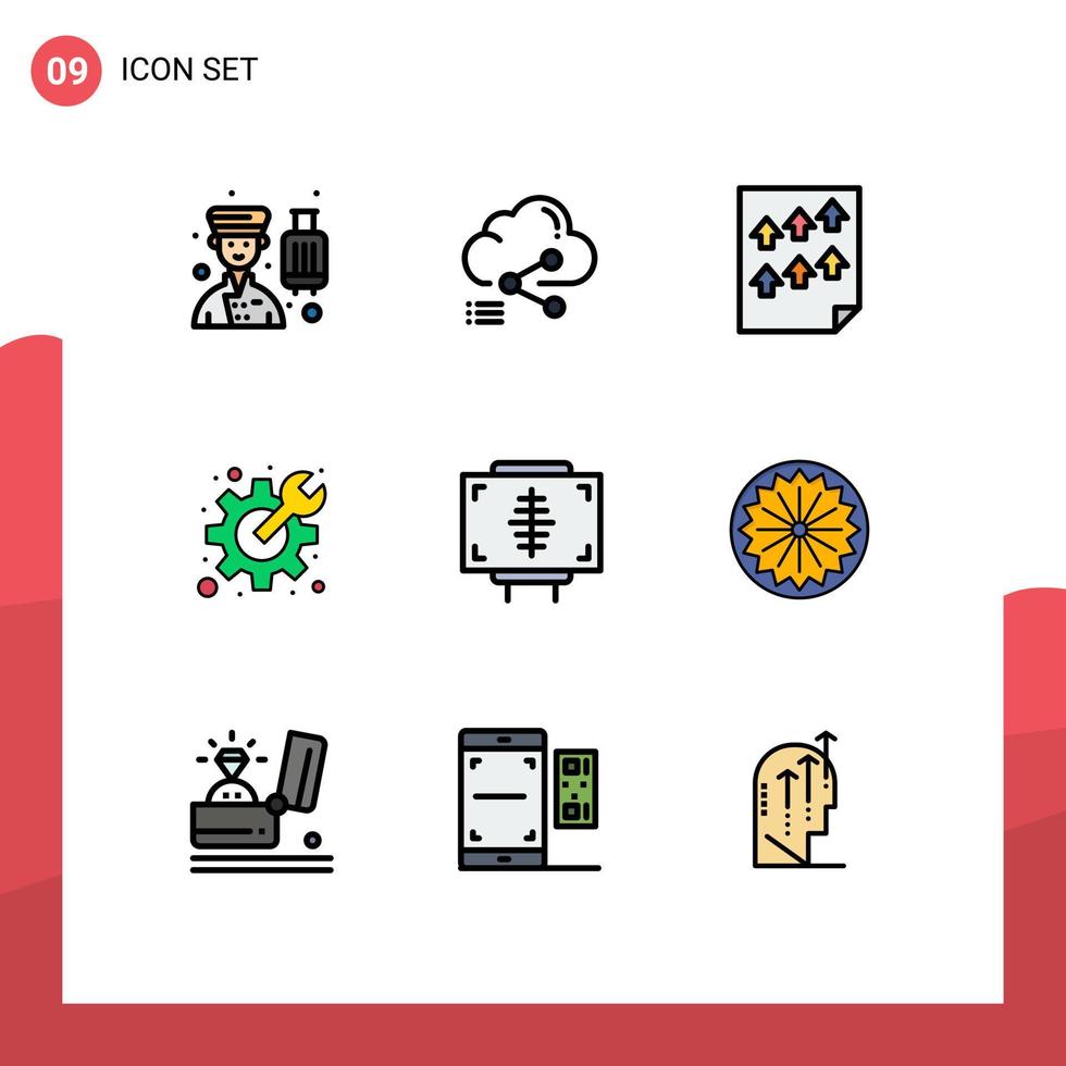 pacote de 9 sinais e símbolos modernos de cores planas de linha preenchida para mídia de impressão na web, como página de relatório de computação de preferências, elementos de design vetorial editáveis vetor