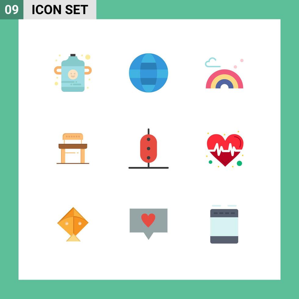 conjunto moderno de 9 cores planas e símbolos, como elementos de design de vetor editável de estudante de escola de arco-íris de comida de ervilhas