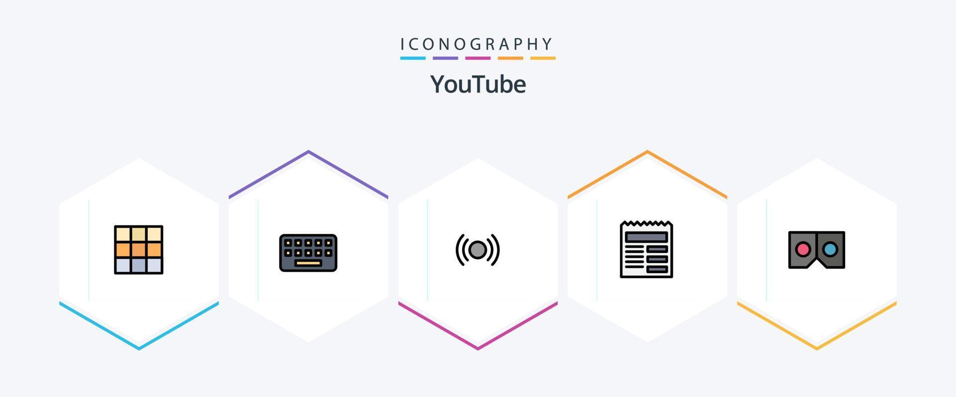 pacote de ícones de linha preenchida do youtube 25, incluindo óculos. ui. essencial. básico. documento vetor