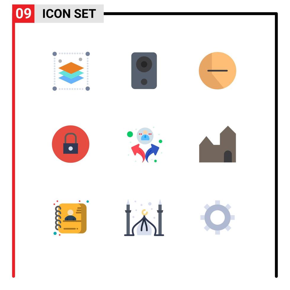 9 ícones criativos, sinais modernos e símbolos de pessoas, alto-falante multimídia, reprodutor de mídia, bloqueio, elementos de design de vetores editáveis