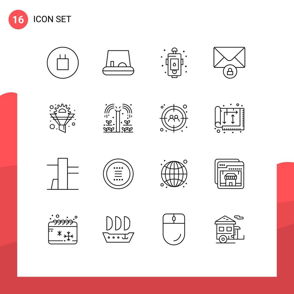 conjunto moderno de 16 contornos e símbolos, como filtro de emergência de funil de otimização, elementos de design de vetor editável privado