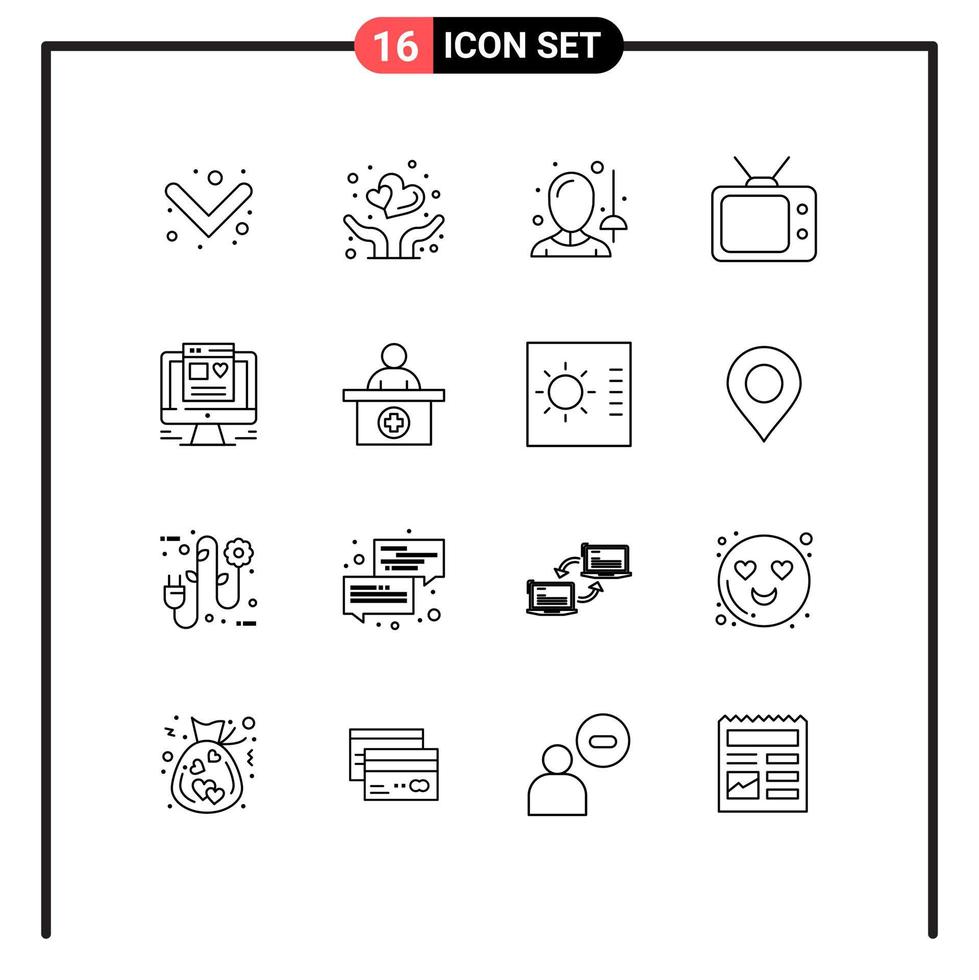 pacote de linha vetorial editável de 16 contornos simples de elementos de design de vetores editáveis de esgrima na web do hospital tv de computador