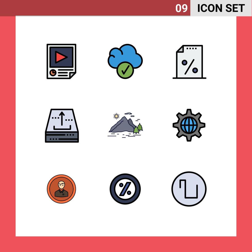 conjunto de pictogramas de 9 cores planas de linha preenchida simples da natureza arquivo de documento de escritório arquivo de elementos de design vetorial editáveis vetor