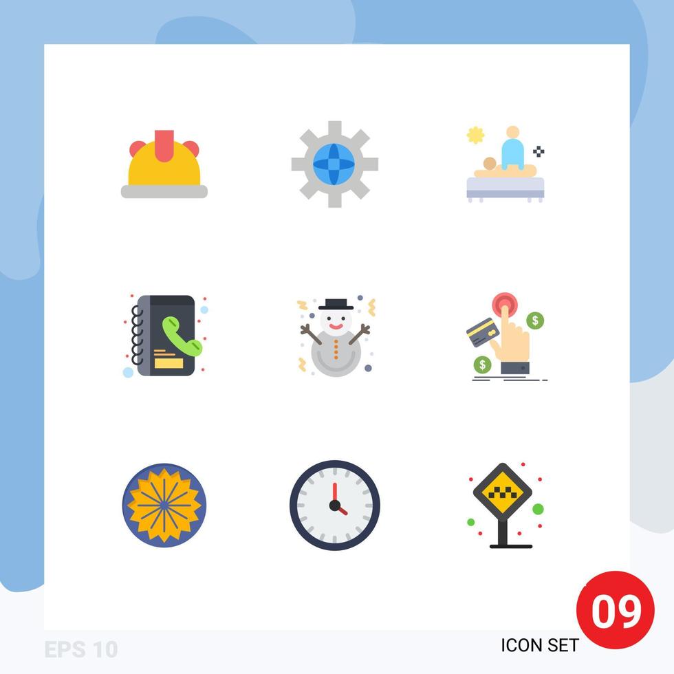 9 pacote de cores planas de interface de usuário de sinais e símbolos modernos de boneco de neve corpo de natal lista telefônica livro de elementos editáveis de design vetorial vetor