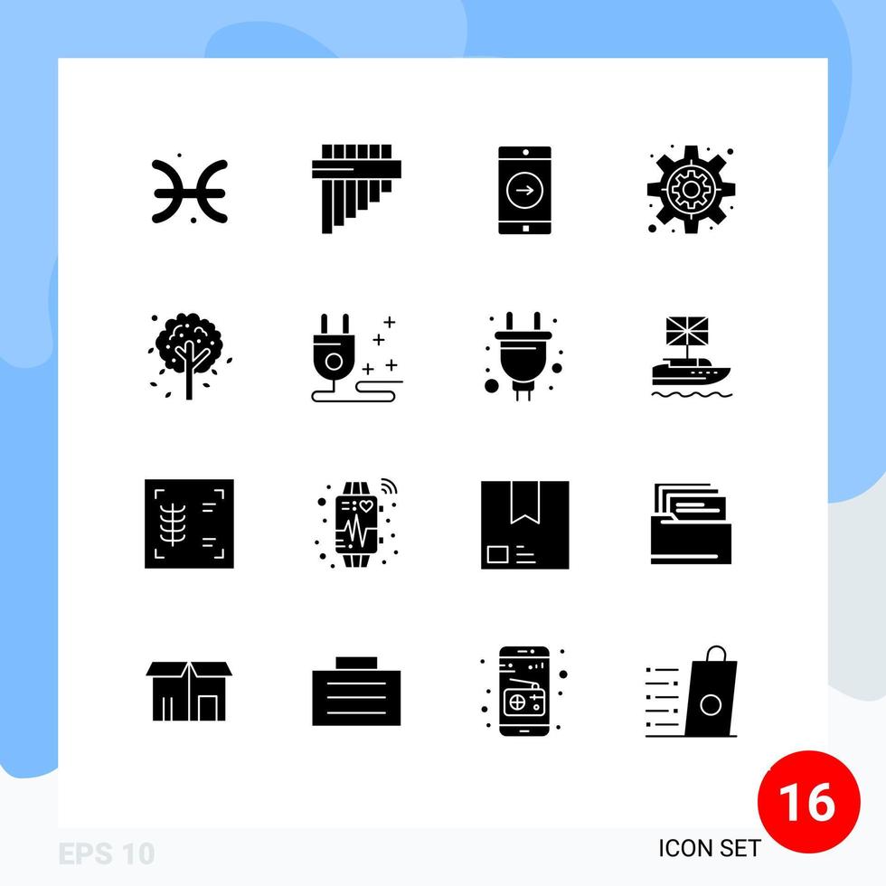 pacote de 16 sinais e símbolos de glifos sólidos modernos para mídia impressa na web, como elemento de design vetorial editável de engrenagem de outono de folha de plugue direito vetor