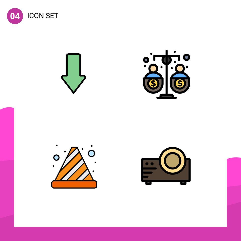 pacote de cores planas de linha preenchida de 4 símbolos universais de fundo de download de cone de seta parar elementos de design de vetores editáveis