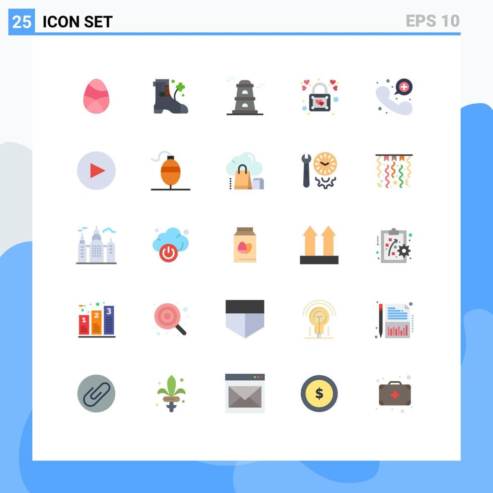 pacote de 25 sinais e símbolos modernos de cores planas para mídia de impressão na web, como elementos de design de vetores editáveis de bloqueio de observatório de chamada de emergência