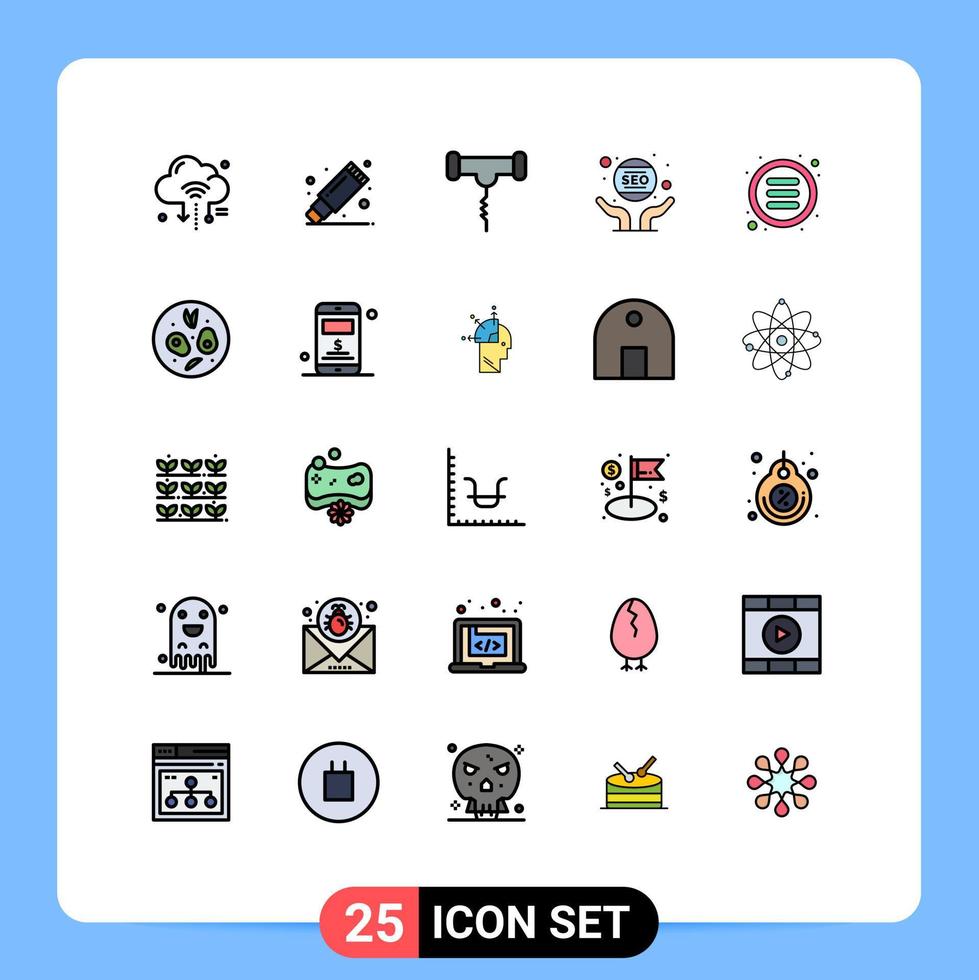pacote de interface de usuário de 25 cores planas de linha preenchida básica de elementos de design de vetores editáveis de marketing de webmaster estacionário cegonha de mão