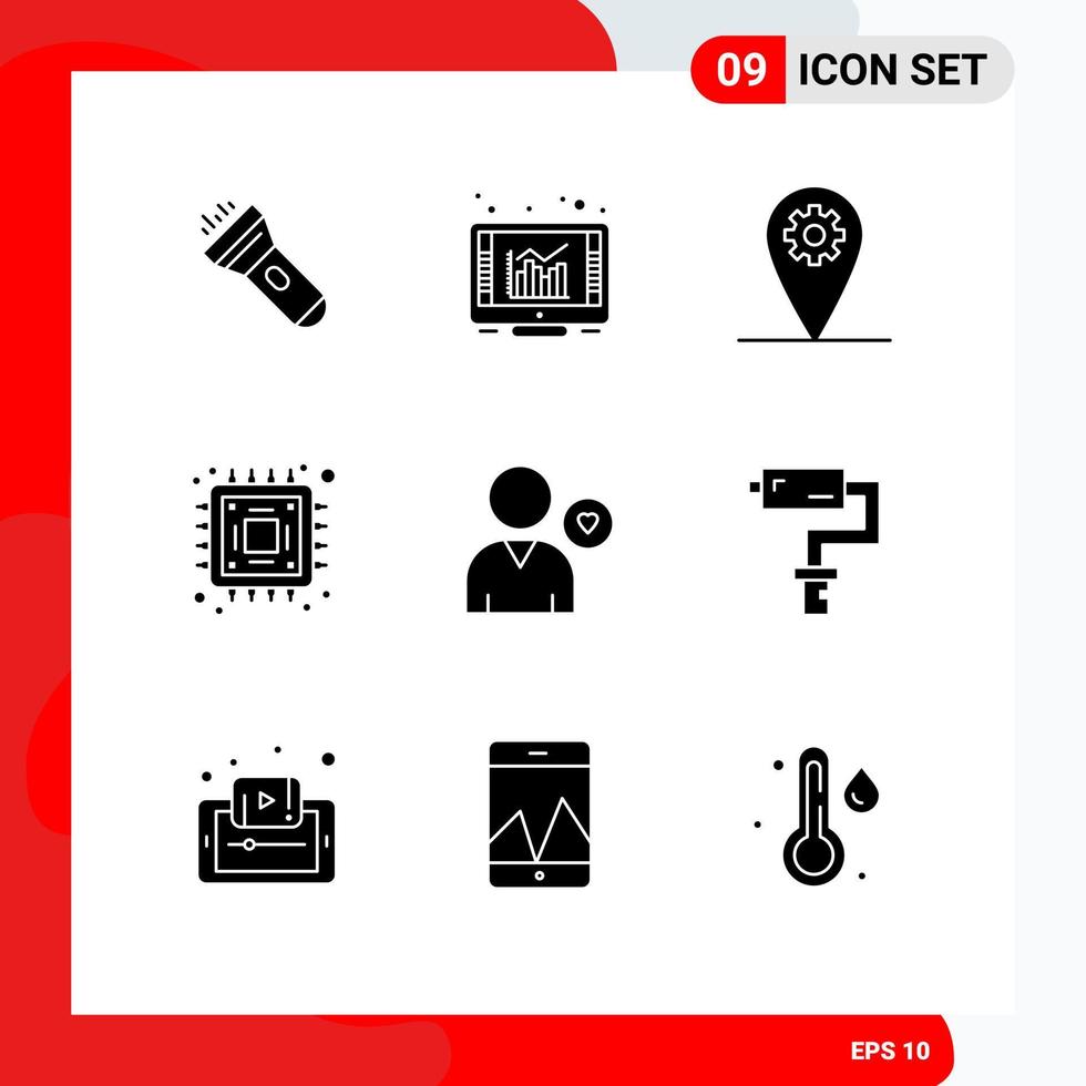 conjunto moderno de pictograma de 9 glifos sólidos de elementos de design de vetores editáveis de hardware favorito como equipamento de coração