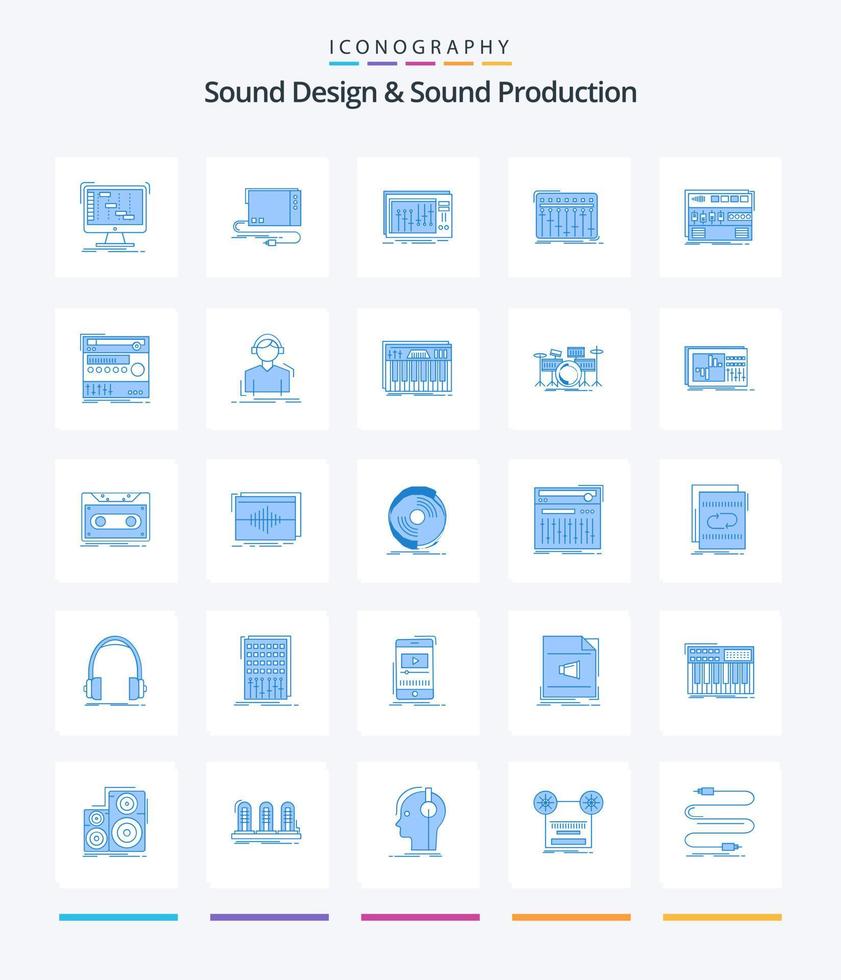 design de som criativo e produção de som 25 pacote de ícones azuis, como módulo. áudio. interface. estúdio. misturador vetor