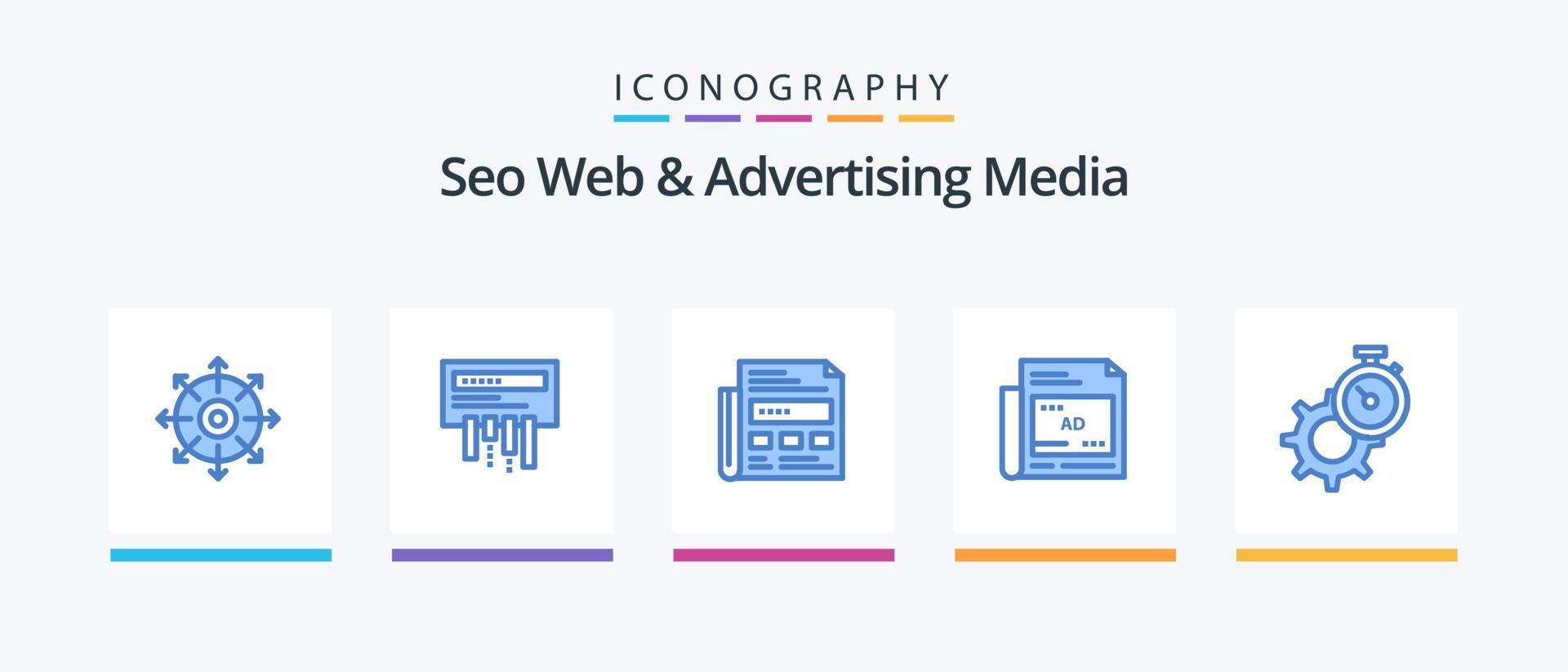 web seo e mídia publicitária pacote de ícones azul 5 incluindo . configuração. jornal. engrenagem. cronômetro. design de ícones criativos vetor